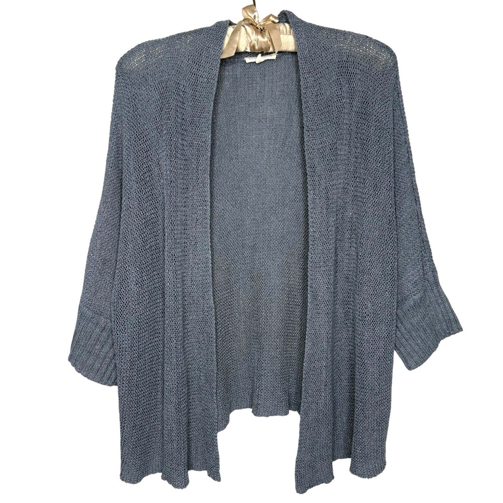 Eileen Fisher Large Linen Cotton Open Knit Cardigan Blue Open Front Minimalist